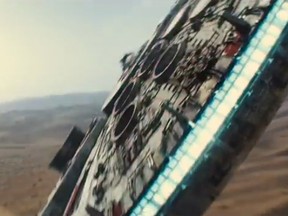 The Millennium Falcon is shown in this screengrab from the "Star Wars: The Force Awakens" teaser posted on YouTube. (YouTube screengrab)