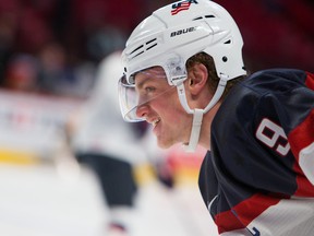 U.S. captain Jack Eichel during warmups at the 2015 IIHF World Junior Championship on December 28, 2014 at the Bell Centre. (JOHANY JUTRAS/LE JOURNAL DE MONTRÉAL /QMI AGENCY)