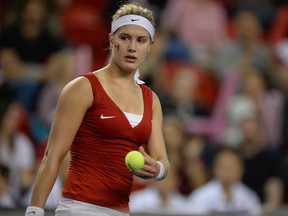 Eugenie Bouchard, pictured here in action against Jana Cepelova during a FedCup match in April, has been named QMI Agency's Athlete of the Year for 2014. (QMI Agency)