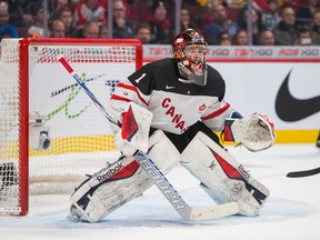 Canadian goaltender Eric Comrie follows plays during world junior action against Germany December 27, 2014 at the Bell Centre in Montreal. (JOHANY JUTRAS/QMI Agency)