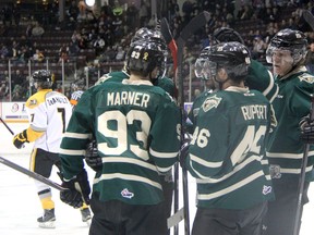 The London Knights celebrate a goal scored in their only visit to Sarnia this season, a 5-2 victory on Dec. 11 over the Sting. The Sting and Knights continue their tradition of a home-and-home series over the new year, starting with a game at RBC Centre on Wednesday at 1 p.m. (TERRY BRIDGE/THE OBSERVER)