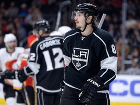 Drew Doughty of the Los Angeles Kings reacts to a goal from Johnny Gaudreau of the Calgary Flames during a game at the Staples Center on December 22, 2014. (Harry How/Getty Images/AFP)