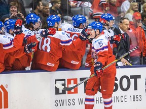 Czech Republic forward Ondrej Kase celebrates his goal against Russia during the third period of the World Junior Championship in Toronto on Wednesday, Dec. 31, 2014. (Ernest Doroszuk/QMI Agency)