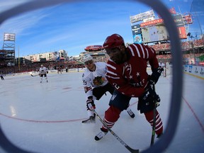 Bryan Bickell #29 of the Chicago Blackhawks battles with Troy Brouwer #20 of the Washington Capitals during the 2015 NHL Winter Classic at Nationals Park on January 1, 2015 in Washington, DC. (Rob Carr/Getty Images/AFP)