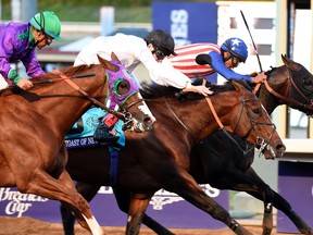 Martin Garcia aboard Bayern leads Jamie Spencer riding Toast of New York and Victor Espinoza aboard California Chrome at the 2014 Breeders Cup Championships at Santa Anita Park in Arcadia, Calif. (USA TODAY)