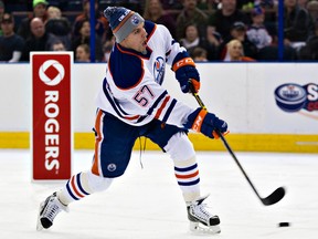 David Perron (57) competes in the accuracy event during the Edmonton Oilers Skills Competition at Rexall Place in Edmonton, Alta., on Sunday, Dec. 28, 2014. Codie McLachlan/Edmonton Sun