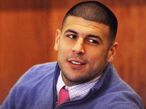 Aaron Hernandez appears during an evidentiary hearing at Bristol County Superior Court in Fall River, Massachusetts October 1, 2014. (REUTERS/Wendy Maeda/Pool)
