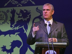 Britain's Prince Andrew speaks at the 10th anniversary of Harrow International School Beijing, October 24, 2014. Picture taken October 24, 2014.    REUTERS/China Daily