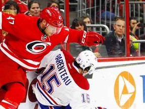 Carolina Hurricanes defencemen Michal Jordan (47) suffered a nasty injury this week. (James Guillory-USA TODAY Sports)