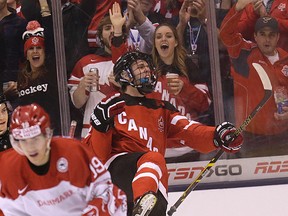 Canada's Connor McDavid celebrates his goal against Denmark in quarterfinal action during the IIHF World Junior Hockey Championship at the Air Canada Centre on January 2, 2015. (Craig Robertson/Toronto Sun/QMI Agency)