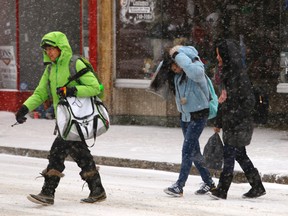 A pedestrian covers up from the blowing snow along George St. in Peterborough on Saturday, Jan. 3, 2015.  Clifford Skarstedt/Peterborough Examiner/QMI Agency