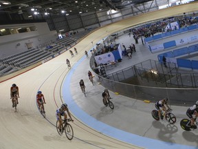 Competitors test the new cycling track for the 2015 Pan Am Games in Milton  on Jan. 3, 2015. (Dave Thomas/Toronto Sun)