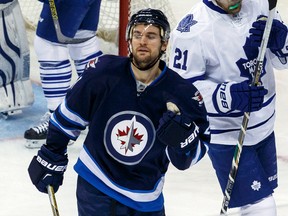 Jets forward T.J. Galiardi celebrates his goal against the Toronto Maple Leafs in the second period at MTS Centre. (SHAWN COATES/USA TODAY Sports)