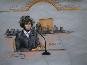 Boston Marathon bombing suspect Dzhokhar Tsarnaev is shown in a courtroom sketch during a pre-trial hearing at the federal courthouse in Boston, Massachusetts December 18, 2014. REUTERS/Jane Collins