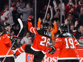 Curtis Lazar #26 of Team Canada celebrates his goal during the 2015 IIHF World Junior Hockey Championship game against Team Finland at the Bell Centre on December 29, 2014 in Montreal, Quebec, Canada. (Minas Panagiotakis/Getty Images/AFP)
