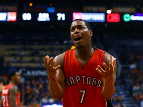 Raptors' Kyle Lowry reacts to a call during Sunday night's loss in Phoenix. (USA TODAY SPORTS)