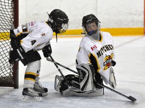 Keagan Meinen, goalie with the Mitchell Novice Local League 2 hockey team, stares back at his older brother Ethan who appears to be discussing some serious hockey-related topic, during a break in recent hockey action at the Mitchell & District Arena.  ANDY BADER/MITCHELL ADVOCATE