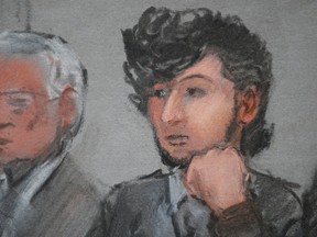 Accused Boston Marathon bomber Dzhokhar Tsarnaev, right, is shown in a courtroom sketch on the first day of jury selection at the federal courthouse in Boston, Mass., on January 5, 2015. (REUTERS/Jane Flavell Collins)