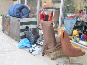 Several items, seen here, were left in front of the Salvation Army Thrift store in Mitchell on Boxing Day. Items being dropped off after-hours, especially on weekends and holidays, is an ongoing problem for the local store. Donations of toys, household goods and furniture are often stolen, vandalized or ruined by weather. SUBMITTED