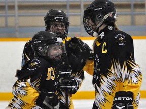 Erika Neubrand (left) and Ainsleigh Wedow celebrate a recent goal during action from the Mitchell U14AA ringette season. The Stingers reeled off four straight wins to open 2015 at the Cambridge tournament before falling in the semi-final. ANDY BADER/MITCHELL ADVOCATE