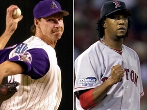 Former pitchers Randy Johnson (left) and Pedro Martinez (right) are expected to be voted into the Baseball Hall of Fame on Tuesday, Jan. 6, 2014. (Reuters/Files)