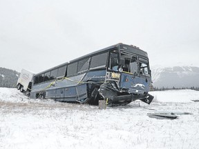 This Greyhound bus went into a ditch in Jasper, injuring 20 passengers. (SUPPLIED)