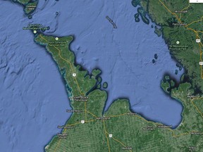 The Bruce Peninsula and surrounding area. Google Maps screen shot image.