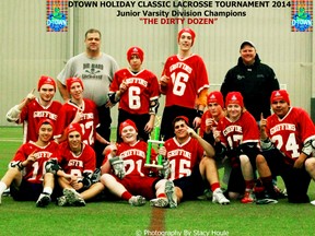 Submitted photo: The Wallaceburg Griffins Junior Varsity squad  won the D'town Holiday Classic tournament held on Dec. 27. The team includes; front row from left, Jeremy Sugimoto (London), Cole Wilkinson (London), Carter Hastings (London), Ryan Noel (Wallaceburg), Michael Asma (London), Matt Cousins (Wallaceburg), Wade Riley (Wallaceburg), Kaleb Houle (Wallaceburg). Back row, from left, Keelan Kells (Sarnia), Colin McLean (London), Todd Noël (manager), Matt Gorry (Wallaceburg), Brock Redford (Wallaceburg), Dave Hastings (coach). Missing: Brett Santsche and Hunter Santsche.