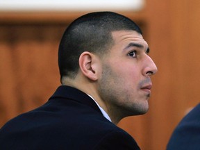Former Patriots tight end Aaron Hernandez attends a pre-trial hearing at Bristol County Superior Court in Fall River, Mass., on Tuesday, Jan. 6, 2015. (CJ Gunther/Reuters/Pool)