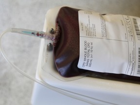 A bag of donated blood is shown at Canadian Blood Services in Calgary in this Dec. 7, 2012 file photo. (Jim Wells/QMI Agency)