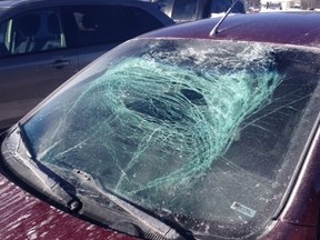 Sandra Plagakis, got a crash course in winter's power and a firsthand lesson in how dangerous it is when drivers don't clear the snow and ice from their vehicles. Plagakis's car was hit with a sheet of ice on Tuesday morning on Hwy. 417. SUBMITTED IMAGE