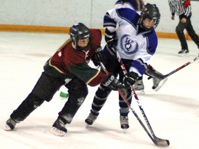 Kelsey Gorzitza, in red playing for the Vipers, and Jenna Hartung, in white playing for the Wheat Queens, vie for control of the puck Jan. 3 at the Vulcan District Arena during the inaugural Vulcan Wheat Queens Tournament. 
Simon Ducatel Vulcan Advocate