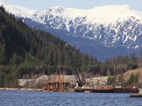 Cranes work in the water at the Kitimat LNG site near Kitimat, in northwestern British Columbia on April 13, 2014. REUTERS/Julie Gordon