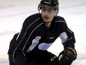Kingston Frontenacs defenceman Nathan Billitier takes part in his first practice with his new team at the Rogers K-Rock Centre on Tuesday. He was acquired from the North Bay Battalion on Monday. (Ian MacAlpine/The Whig-Standard)