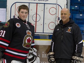 All-star goalie Andrew Masters, left, has been obtained in a trade by the Sarnia Legionnaires Jr. 'B' hockey club. Masters, who started the season with the St. Marys Lincolns, is shown here with Sarnia head coach Dan Rose. (Submitted photo by Anne Tigwell)