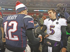 Patriots QB Tom Brady shakes the hand of Baltimore’s Joe Flacco after the Ravens beat New England two years ago. (REUTERS)