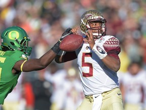 Oregon Ducks linebacker Torrodney Prevot (86) forces a fumble against Florida State Seminoles quarterback Jameis Winston (5) in the 2015 Rose Bowl college football game at Rose Bowl. (Kirby Lee-USA TODAY Sports)