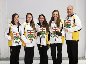 Team Peterson, which has been together 10 years, won the provincial junior championship Dec. 31 and will be representing Manitoba at the Canadian Junior Curling Championship in Corner Brook Nfld Jan. 24 to Feb. 1. From left is Beth Peterson (skip), Robyn Njegovan (third), Melissa Gordon (second), Breanne Yozenko (lead) and coach Jack Gordon. (CURL MANITOBA PHOTO)