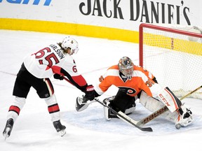 Philadelphia Flyers goalie Steve Mason makes a save on Ottawa Senators defenceman Erik Karlsson (65) during the shootout at Wells Fargo Center Tuesday. (Eric Hartline/USA TODAY Sports)