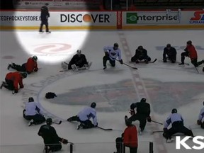 Mike Yeo let out his frustration on Wednesday at Wild practice, breaking his stick over the boards. (KSTP.com screen grab)