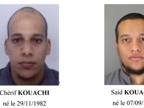 A call for witnesses released by the Paris Prefecture de Police January 8, 2015 shows the photos of two brothers Cherif Kouachi (L) and Said Kouachi, who are considered armed and dangerous, and are actively being sought in the investigation of the shooting at the Paris offices of satirical weekly newspaper Charlie Hebdo on Wednesday. Hooded attackers stormed the Paris offices of Charlie Hebdo, a weekly known for lampooning Islam and other religions, in the most deadly militant attack on French soil in decades.  REUTERS/Paris Prefecture de Police/Handout