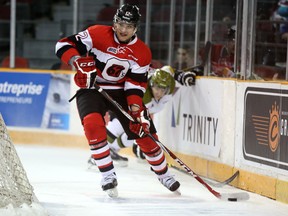 Former Ottawa 67's winger Tyler Hill during the first period of Tuesday's loss to North Bay. The game was Hill's last with Ottawa after the 67's dealt him to Guelph Thursday in exchange for Adam ​Craievich. (Chris Hofley/Ottawa Sun)