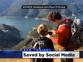 Ryan Pritchard posted a photo on his Facebook page that helped a quick-thinking California Highway Patrol dispatcher locate him after he slipped while hiking on a remote trail. (CBS Sacramento screengrab)