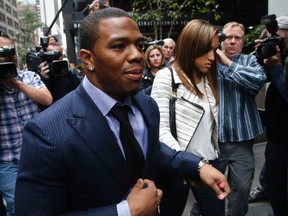 Former Ravens running back Ray Rice and his wife Janay arrive for a hearing over his indefinite suspension by the NFL on Nov. 5, 2014. (Mike Segar/Reuters)
