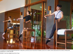 Dancers from The Australian Ballet demonstrate their warm-up exercises as part of Pas de Deux in Paradise, an annual visit to Hamilton Island’s Qualia resort, which includes a private evening performance. PETER NEVILLE-HADLEY/HORIZON WRITERS' GROUP