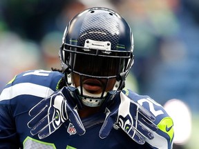 Marshawn Lynch #24 of the Seattle Seahawks warms up during pre-game against the St. Louis Rams at CenturyLink Field on December 28, 2014 in Seattle, Washington.   (Jonathan Ferrey/Getty Images/AFP)