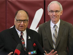 Radisson MLA Bidhu Jha (left) throws his support behind NDP leadership hopeful Steve Ashton during a news conference at the Winakwa Community Centre in Winnipeg, Man., on Thu., Jan. 8, 2015.