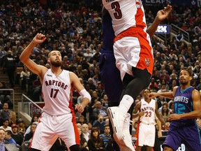 Raptors’ James Johnson throws down a dunk against the Hornets at the ACC on Thursday night. (Jack Boland/Toronto Sun)