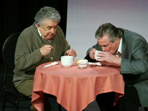 Paul Blower, left, and Peter Leack share coffee and a moment in Aylmer Community Theatre's coming production of Mrs. Parliament's Night Out, a Norm Foster comedy that is the group's entry in Western Ontario Drama League competition. (Chris Button, Aylmer Community Theatre)