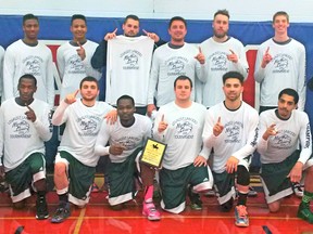 The Lambton Lions won the New Year's Classic tournament in Belleville. Back row from left are coach Dave Elsley, Frank Benneh, Jordane Tello, Joel Wilson, Shawn Hill, Ben Pierce, Mike Lucier, Joe De Boer and coach James Grant. Front row from left are Richard Marcano, Jaason Heron, Nic Higgins, Jeff Asiamah, Russ Fox, Jason Marshell, Trey Langford and Branden Padgett. (SUBMITTED PHOTO)